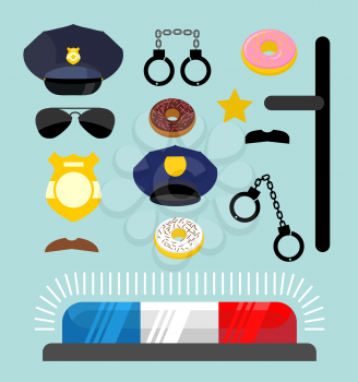 Police icons set. Symbols policeman. Cop accessories in flat style. Warning light for police car. Handcuffs and truncheon. Cap and badge. Moustache and donut
