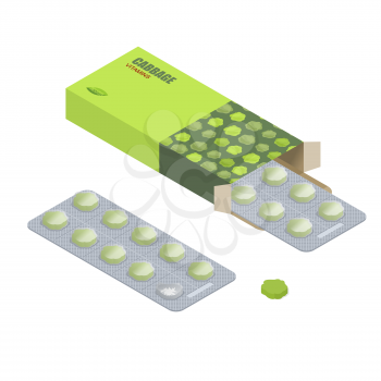 Cabbage pills in pack. Vegetarian vitamins. Diet tablets. Natural products for health in form of green cabbages. Drug vegetable. Medical medicament