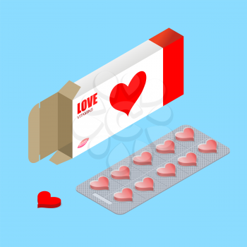 Love pills in pack. lover vitamins. Tablets in box. Natural products for amour of heart. Romantic medicament. Medical drugs