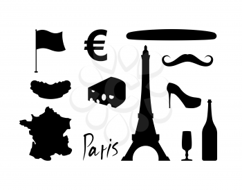France set icons. Traditional travel symbol. Sights and characteristics of country. Eiffel Tower and croissant. French flag and map. Wine and cheese. Fashion and baguette. Dorblu with mold and euro si