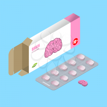 Brains pills in pack. IQ vitamins. Tablets in box. Natural medicines for mind in form of brain. Smart  medicament. Medical drugs for memory and thinking
