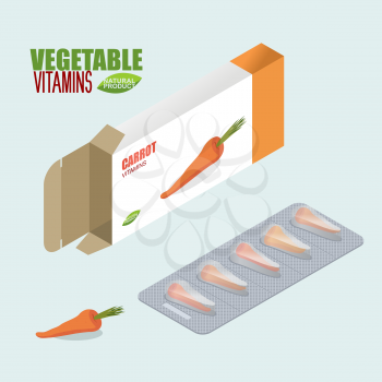 Carrots pills in pack. Vegetarian vitamins. Tablets box. Natural products for health in form of fresh carrot. Medicament vegetable. Medical drugs.