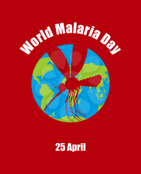 World Malaria Day. Poster for international holiday of April 25. Planet earth and silhouette of malaria mosquito
