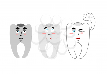 Set of teeth. Teeth with emotions. Rotten black teeth white and healthy teeth. Cheerful tooth waves. Illustration for dentist
