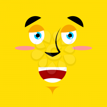 Cartoon good smiling face on yellow background. Joy emotion. Optimistic person with big smile. Cheerful Holiday character

