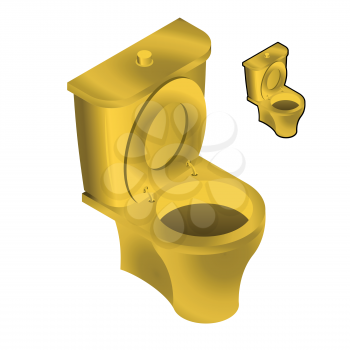 Gold toilet bowl isometric illustration on white background. Sink in toilets made of gold for flow of urine and feces isolated. 
