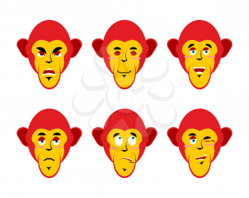 Set with emotions monkeys. Cheerful and angry monkey. Surprise and sadness chimpanzees. Sleepy monkey. Collection of emoticons primates. monkey head white background
