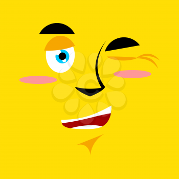 Cartoon winking face on yellow background. It suggests emotion. Personality makes warning. Character warns

