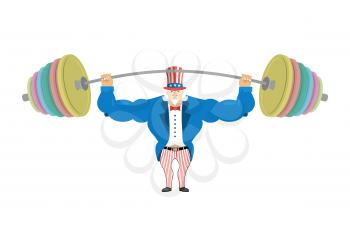Uncle Sam and sports barbell. Powerful Uncle Sam. Strong Uncle Sam goes in for sports. Strong America. Sports America. USA national characte. Uncle Sam sportsman fitness.