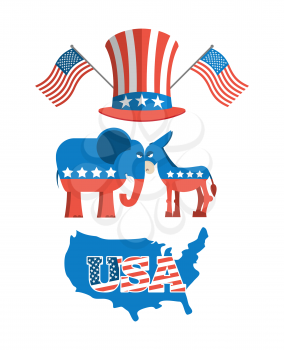 Set elections in America. Uncle Sam hat. American flag. Set  political debate in United States. US flag. Donkey and elephant symbols of political parties in America. Democrats against Republicans. Map