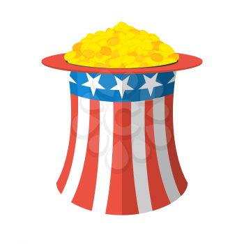 Uncle Sam hat and gold. Cylinder Uncle Sam and gold coins on white background. American hat and money. Hat for independence day. Uncle Sam hat isolated. National Patriotic hat in America