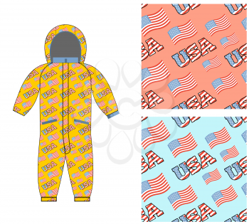 Patriotic childrens clothing. Childrens clothing template. Overall with pattern of  USA flag. Possible Patterns for boys and girls. National jumpsuit baby. Clothes for children for  day of Americas in