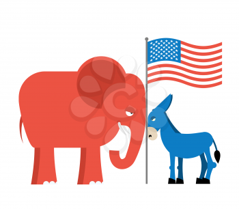 Donkey and elephant symbols of political parties in America. USA elections. Democrats against Republicans. Opposition to American policy.  