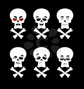 Emotions skull. Set expressions avatar skeleton. Good and evil dead. Discouraged and cheerful. Sad and sleepy. Aggressive and cute 