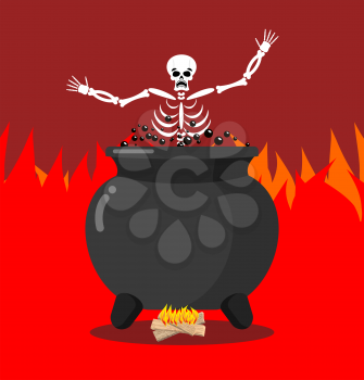 Sinners in cauldron in hell. Skeletons are cooked in resin in underworld. Dead are experiencing hellish pains. Big black pan. Price paid for sins. Religious illustration