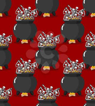 Sinners in pot in Hell seamless pattern. Skeletons are cooked in resin in lower parts. Dead are experiencing  pains of hellishl background. Big black cauldron. Price paid for sins of texture. Religiou