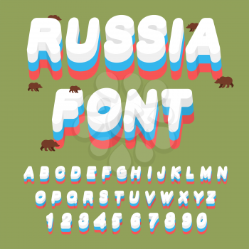 Russian font. Russian flag on letters. National Patriotic alphabet. Letters and grizzly bears
