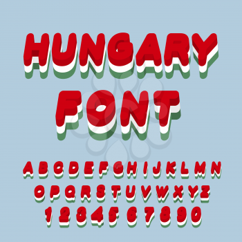 Hungary font. Hungarian flag on letters. National Patriotic alphabet. 3d letter. State color symbolism in Europe