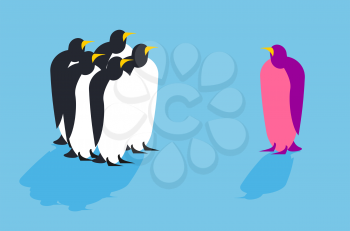 Penguins. Animal from another pack.  Unusual bird. Allegory challenge to society
