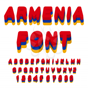 Armenia font. Armenian flag on letters. National Patriotic alphabet. 3d letter. State color symbolism state in South Caucasus
