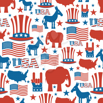 American seamless pattern. USA Election Symbols National pattern. Uncle Sam hat. American flag and map. Democrat Donkey and Republican Elephant. Patriotic background. USA Election texture. 