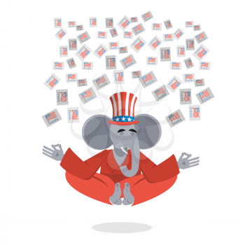 Republican Elephant hat Uncle Sam meditating votes in elections. Cheerful polytypical illustration. Symbol of political parties in America. Animals yoga
