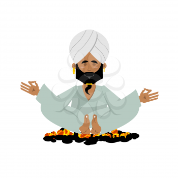 Yogi on coals. Indian yoga sitting on hot coals. Meditation Man practicing yoga exercises.  Indian Yogi in his turban on white background

