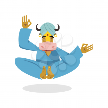 Cow yoga. Animal meditating. Cow in Indian turban meditates. Indian sacred animal. Animals yoga

