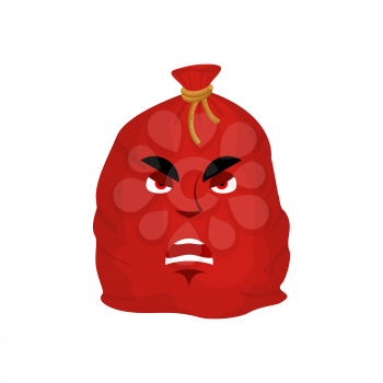 Santa bag angry emotion. Red Christmas sack with gift Emoji. sackful of gifts isolated
