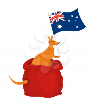 Santa bag and kangaroo with Australia flag. Australian animal. Beast patriot. New Year and Christmas. 
