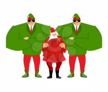 Santa Claus and elves bodyguards. Christmas Santa and guards. Protecting gifts for new year. Defender gifts for children. Big strong elf Santas helper