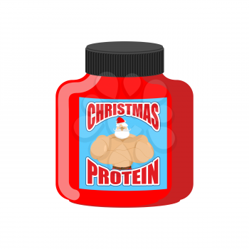 Christmas protein. Sports nutrition as a gift for holiday. Strong Santa Claus recommends. Illustration New Year Fitness
