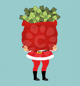 Santa and bag of money. Christmas gift cash. Red sack with dollars
