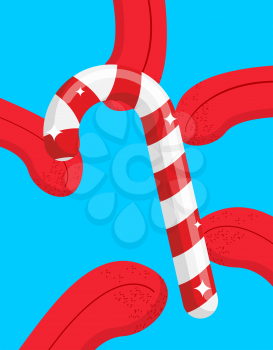 Candy cane lick. Christmas peppermint lollipop. mint stick Licking tongue. Delicious candy stick. caramel for new year
