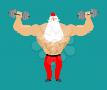Strong Santa Claus with dumbbell. Fitness man. Bodybuilder Christmas. Santa with white beard and mustache. Athlete with big muscles
