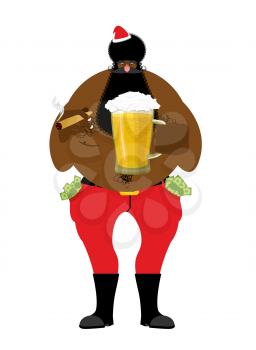 Bad Black Santa with beer and cigar. African American Santa Claus. money in pocket. drink away earnings. Christmas bully. New Year celebration
