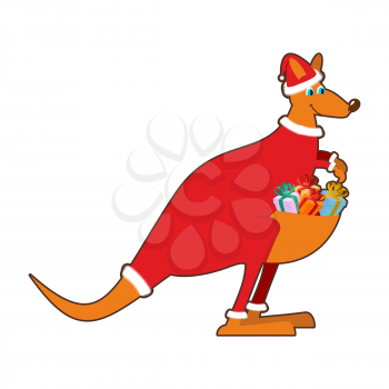 Santa Claus Australia. Australian Kangaroo Santa. Wallaby in Christmas cap. Gifts in bag. Marsupials bears gifts in pouch