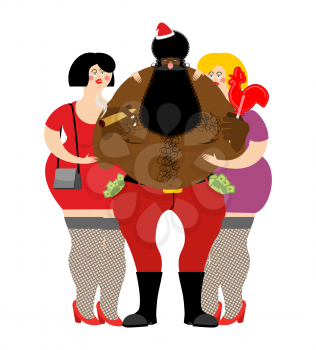 Bad Black Santa with beer and cigar. African American Santa Claus and prostitutes. Drunk grandfather and two sexy girls. money in pocket. drink away earnings. Christmas bully and whores. New Year cele