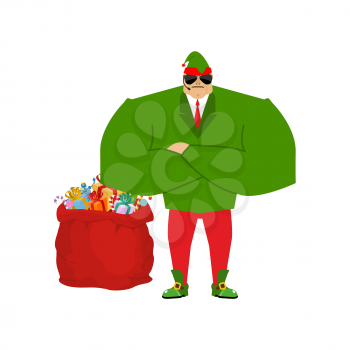 Santa elf and red bag. Claus bodyguards. Christmas guards. Protecting gifts for new year. Defenders of gifts for children. santas helper