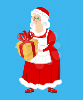 Mrs. Claus and gift. Wife of Santa Claus and box. Christmas woman in red dress and white apron. Xmas feale
