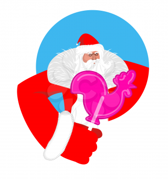 Santa and candy cock. Claus and lollypop cockerel. Sweetness of Christmas and new year. Xmas template.
