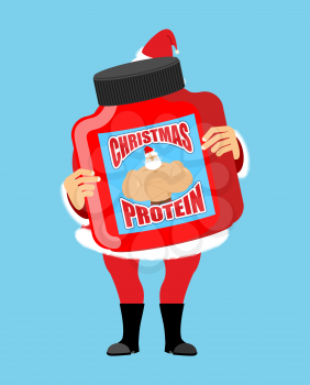 Christmas protein. Sports nutrition as a gift for holiday. Strong Santa Claus recommends. Illustration New Year Fitness
