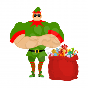Santa elf and red bag. Claus bodyguards. Christmas guards. Protecting gifts for new year. Defenders of gifts for children. santas helper