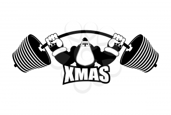 Xmas powerlifting. Strong Santa Claus emblem. Santa and barbell logo. Bodybuilder Christmas. White beard and mustache. Athlete with big muscles. 
