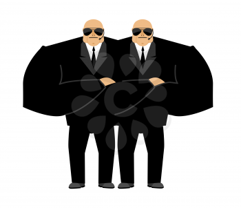 Bodyguard isolated. Security guard face control of nightclub. Black suit and hands-free. protection person on white background
