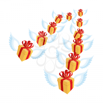 Gift with wings flying flock. Flying gift box with red bow and ribbon.
