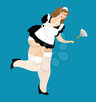 Sexy maid in short dress. sensual cleaning woman. Girl in white lingerie and stockings. Stockings and Slender legs. Suit for sex games. Smiling lady cleaning classic shape with duster. Cartoon temptre