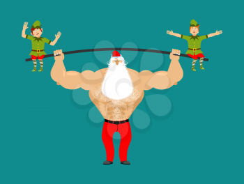 Strong Santa lift barbell with elves. powerlifting elf gravity. Sports Merry Christmas. Claus bodybuilder
