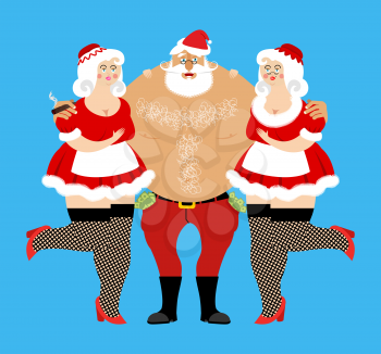 Santa Claus and sexy girls. Entertainment for adults. Strippers hugging man with money. Bad Santa and prostitutes. Merry Christmas. Adult New Year