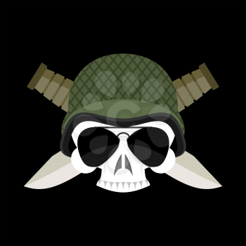 Skull in helmet military emblem. Army cap and  knife. Terrible sign for clothing soldiers